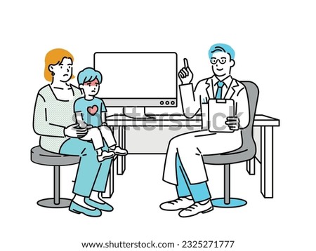 A sick child and his mom seeing a doctor at the hospital.