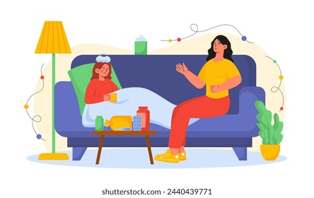 Sick child at home. Sad mother sitting with daughter at sofa. Cold and flu. Health care and treatment, medicine. Child with pills and drugs, thermometer. Cartoon flat vector illustration