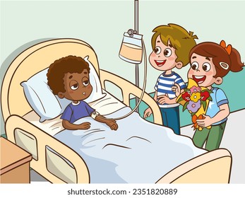 Un niño enfermo en una imagen vectorial de amigos visitantes del hospital