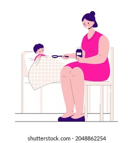 The Sick Child Lies In Bed. The Mother Gives Him Medicine. Vector Illustration In Flat Style.