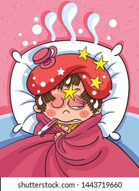 Sick child lying in bed