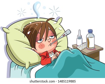Sick child lying in bed