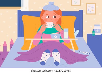 Sick Child Lying In Bed With Compress On Head Vector Illustration. Cartoon Cute Little Kid With Fever, Temperature And Infection Drinking Hot Drink In Home Bedroom, Feverish Sad Girl Patient Ill