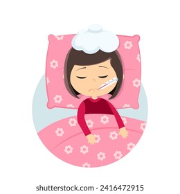 Sick child lying on bed cartoon vector illustration on white background.