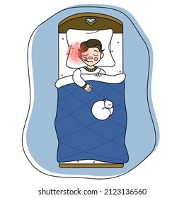 Ein krankes Kind misst die Temperatur. Das Kind erkrankte an der saisonalen Grippe. Saisonale Grippe, infektiöse Atemwegserkrankungen, Grippeviren. Das Kind ist krank, der Junge krank	