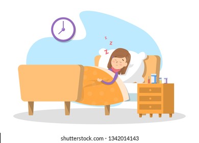 Sick child sleeping in the bed. Little kid with fever resting. Young kid under the blanket. Isolated vector illustration in cartoon style