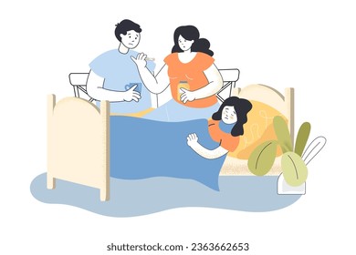 Niño enfermo durmiendo en la ilustración del vector de cama. Los padres preocupados cuidando a su hija, trayendo medicinas, revisando el termómetro. Atención de la salud adaptada a los niños, medicina, concepto familiar