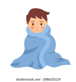 Sick Child suffering from flu with blanket. Boy kids has fever and take thermometer in mouth. Cold or influenza disease concept. Season allergy.