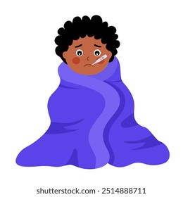 Criança doente sofrendo de gripe com cobertor. Garoto tem febre e toma um termômetro na boca. Conceito de doença do frio ou da gripe Alergia sazonal.