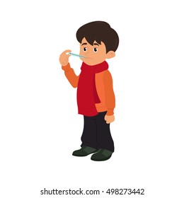 sick child thermometer measures the temperature. vector illustration