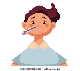 El concepto de tratamiento médico de los niños enfermos de frío y de fiebre por enfermedad por gripe. Ilustración del diseño gráfico del vector