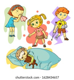 Sick children with different symptoms scenes set. Kids diseases and injures. Boys and girls suffering from runny nose, colds with fever, skin rash, allergies, leg and arm fracture. Vector illustration