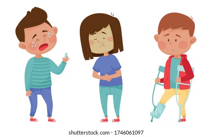 Sick Children Feeling Unwell and Sad Vector Illustrations Set