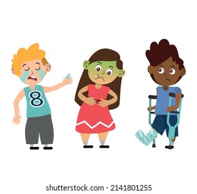 
Sick Children Feeling Unwell and Sad Vector Illustrations Set.