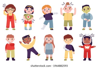 Sick children. Little kids with disease symptoms, headache, abdominal pain, runny nose and vector illustration set. Sad sick children characters. Child with disease, illness and flu, influenza kids