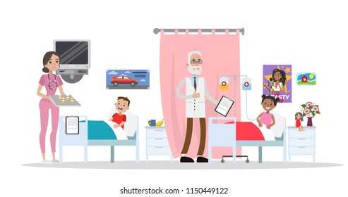 Sick Children Lying In Hospital Beds. Doctor Visiting Happy Young Patients. Medical Treatment. Children Hospital Interior. Vector Flat Illustration