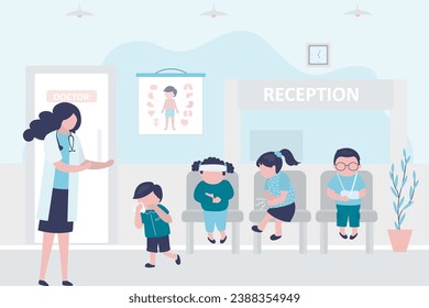 Niños enfermos están sentados en el vestíbulo de la clínica. Cola en el hospital para ver al doctor. Pediatría. Médica femenina e hijos enfermos. Sala de espera o interior de salón. ilustración vectorial plana