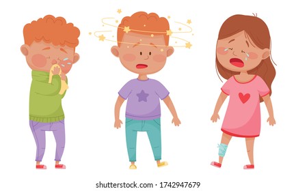 Sick Children Standing and Feeling Unwell Vector Illustrations Set