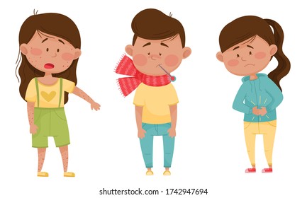 Sick Children Standing and Feeling Unwell Vector Illustrations Set