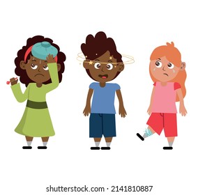 Sick Children Standing and Feeling Unwell Vector Illustrations.