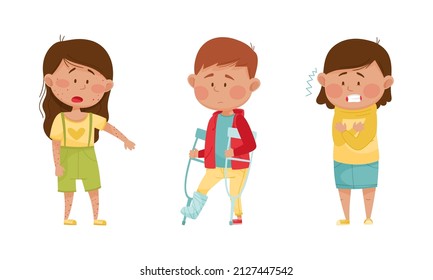 Sick Children Suffering from Common Disease Symptom Vector Set