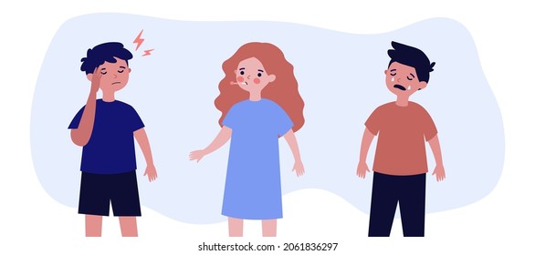 Sick children with symptoms of flu disease. Sad boy with headache, tired girl holding thermometer flat vector illustration. Health, medicine concept for banner, website design or landing web page