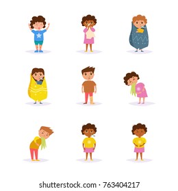 Kranke Kinder. Vektorgrafik. Cartoon. Einzige Kunst auf weißem Hintergrund. flach