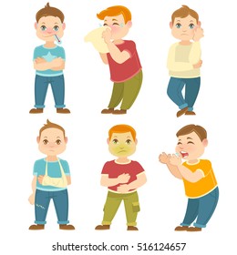 Sick children vector collection. Hight temperature, toothache stomach ache. Cartoon characters.