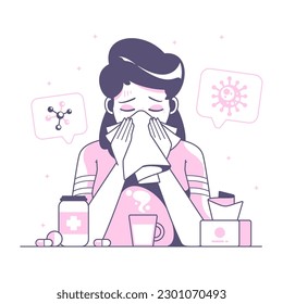 sick cold and flu cartoon illustration design