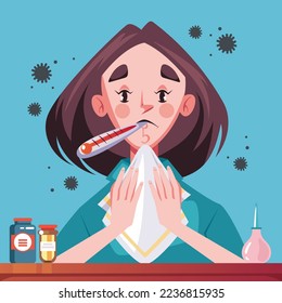 Sick cold and flu people with thermometer in mouth. Vector flat graphic design element concept illustration