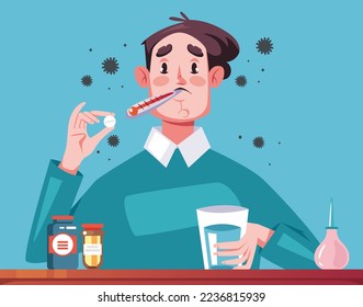 Enfermedad fría y gripe en personas con termómetro en la boca. Ilustración del concepto de diseño gráfico plano vectorial