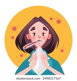 Sick cold and flu people with thermometer in mouth. Vector flat graphic design element concept illustration