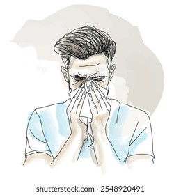 sick, cold man with runny nose, blows into a tissue, respiratory infection, virus, covid - vector illustration