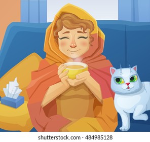 A sick cold woman with a cup of hot tea sitting on the sofa with a white cat. Cartoon vector illustration