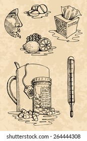 I am sick! Collection of useful vector illustrations on the theme of illness and treatment in hand drawn vintage style