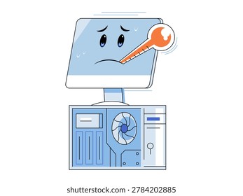 Sick computer monitor with a thermometer vector illustration. Technical support, malware infection, hardware repair, system failure, overheating, digital health. Ill display on a PC tower