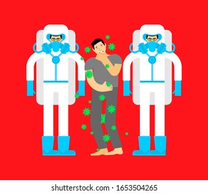 Sick coronavirus epidemic. Doctor in protective suits against virus.. Man and virus molecules. Flying bacteria around patient. 2019-nCoV Virus epidemic. Biological Protection Suit 

