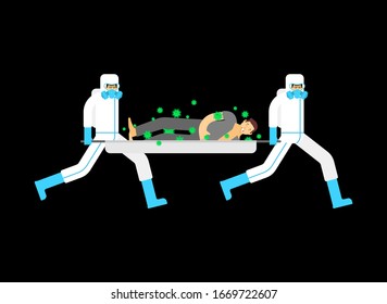 Sick coronavirus epidemic. Doctor in protective suits against virus.. Man and virus molecules. Flying bacteria around patient. 2019-nCoV Virus epidemic. Biological Protection Suit 

