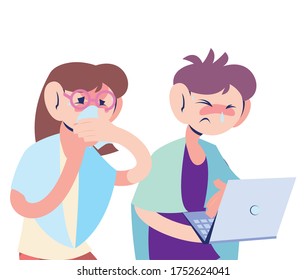sick couple working at the computer vector illustration design