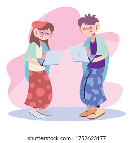 sick couple working on the computer vector illustration design