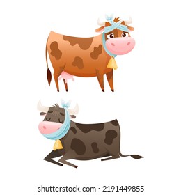 Sick Cow Animal With Bandage On Head Having Headache Vector Set