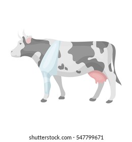 Sick Cow With Bandage On A Leg Icon In Cartoon Style Isolated On White Background. Veterinary Clinic Symbol Stock Vector Illustration.