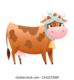 Sick Cow Farm Animal. Sad Calf With Bandage On Its Head Suffering From Toothache Cartoon Vector Illustration