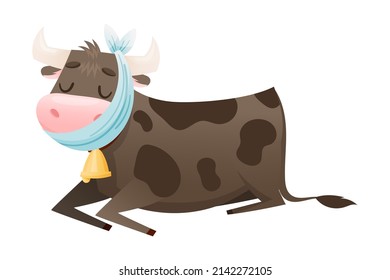 Sick Cow Farm Animal. Sad Lying Calf With Bandage On Its Head Suffering From Toothache Or Headache Cartoon Vector Illustration