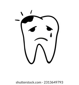 Sick crying tooth with caries in sketch style. Sad kid tooth vector icon.