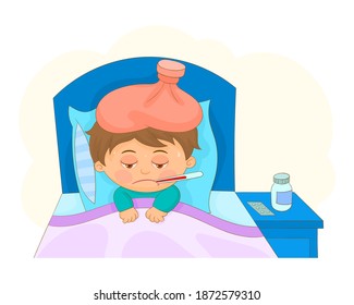 Un chico lindo y enfermo en la cama con un termómetro en la boca y un paquete de hielo en la cabeza, debido a la fiebre