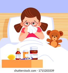 Sick cute girl blowing her nose and covering it with handkerchief. Small ill sad child with a flu, sneezing. There are medicines and a thermometer by the bed. Cartoon style vector illustration.