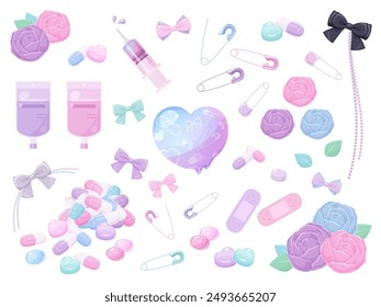 Material de ilustración lindo enfermo set_medicine_rose_ribbon_heart