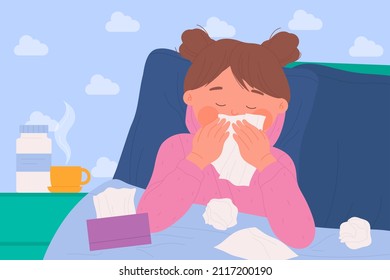 Sick cute little girl with cold flu, cough, sneeze or allergy vector illustration. Cartoon sad kid with runny nose holding handkerchief, cute little patient ill, child lying in home bed with rhinitis