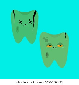sick darkened teeth with cracks and dirty spots emotion of sadness concept of hygiene and dentistry objects on a blue background